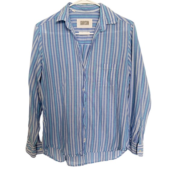 Grayson Tops - Grayson The Hero Striped Cotton Button Up Shirt Blue Teal‎ White Womens Size 02